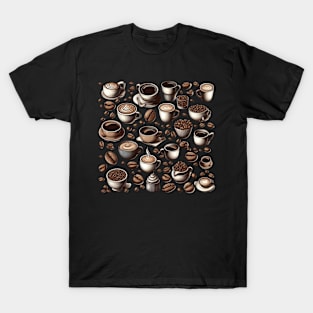 Coffee Cups and Beans Pattern T-Shirt